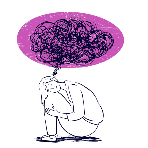 Załamana kobieta z wieloma myślami w głowie