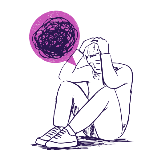 Załamany człowiek z burzą myśli w głowie