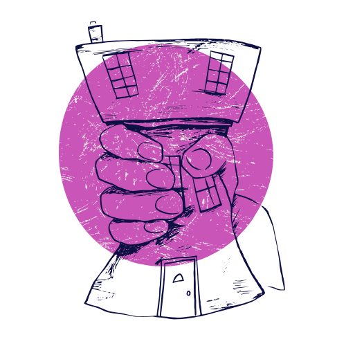 Ręka ściskająca dom z fioletowym kołem